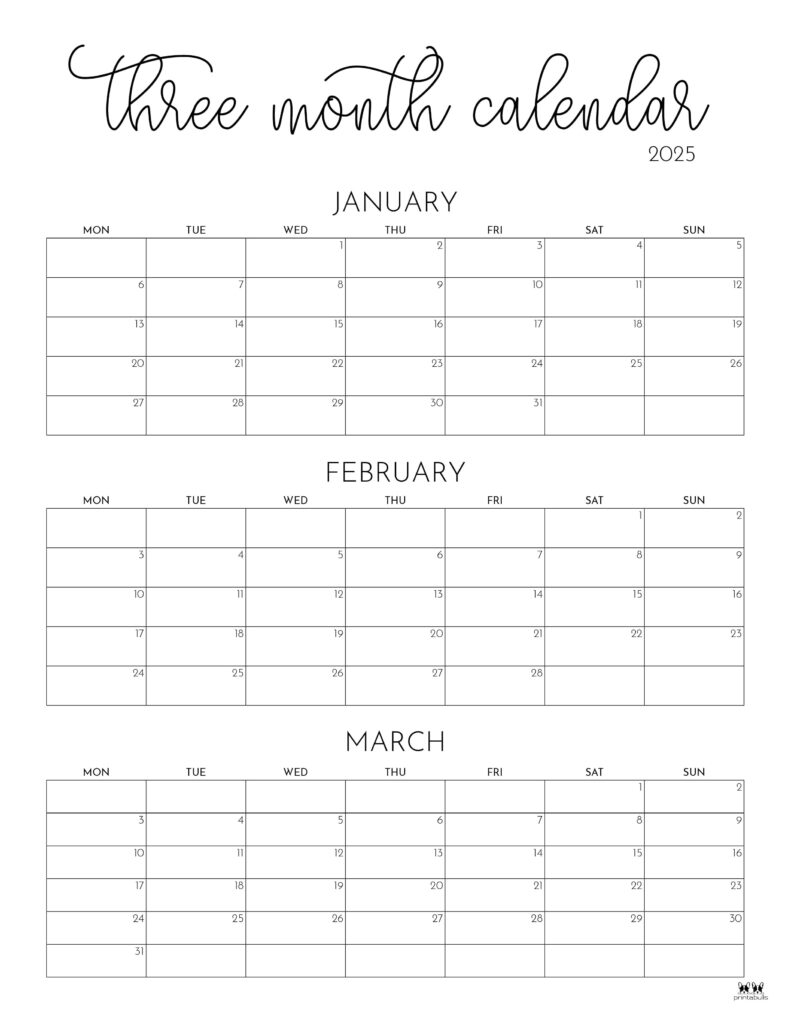 Free Printable 3 Month Calendar Template