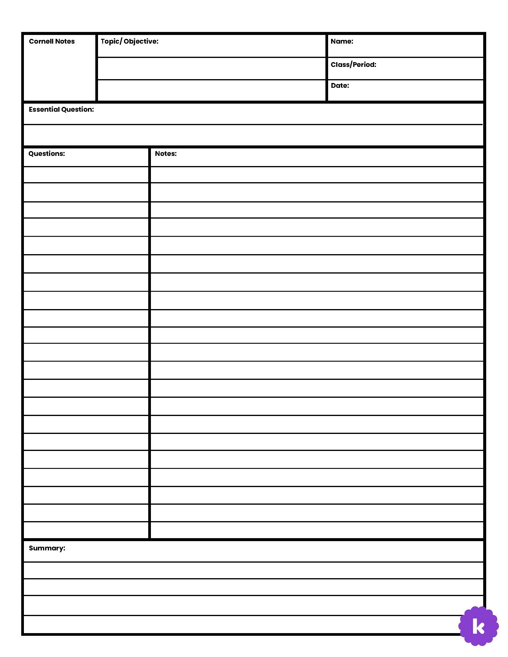 Cornell Notes Lined For Teachers Perfect For Grades 10th 11th 