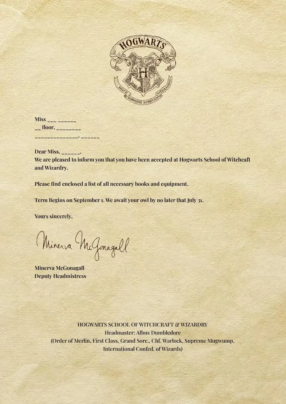 Free Printable Harry Potter Acceptance Letter Template