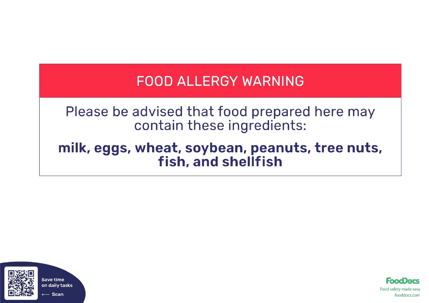 Free Printable Food Allergy Warning Sign Download PDF