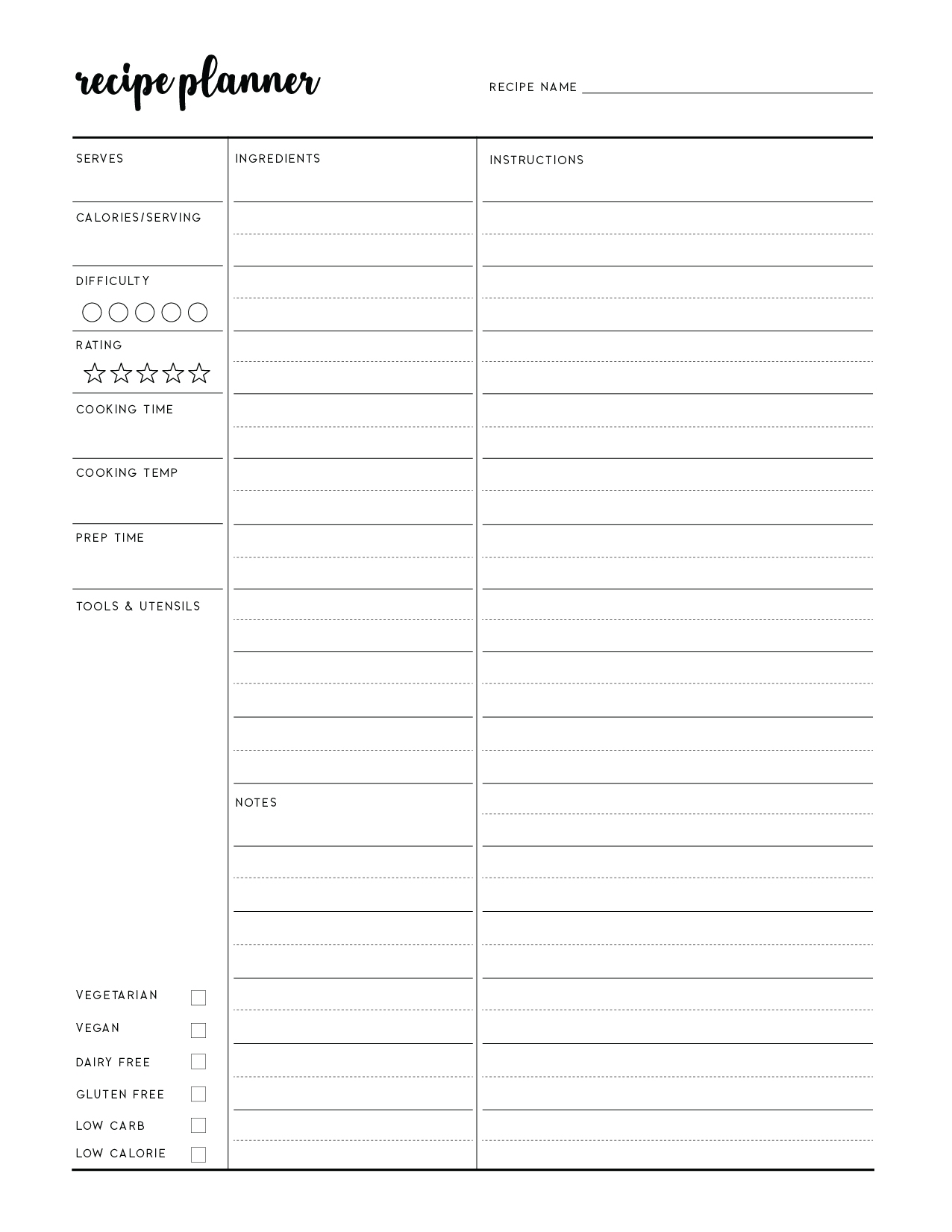 Recipe Template Free Printable