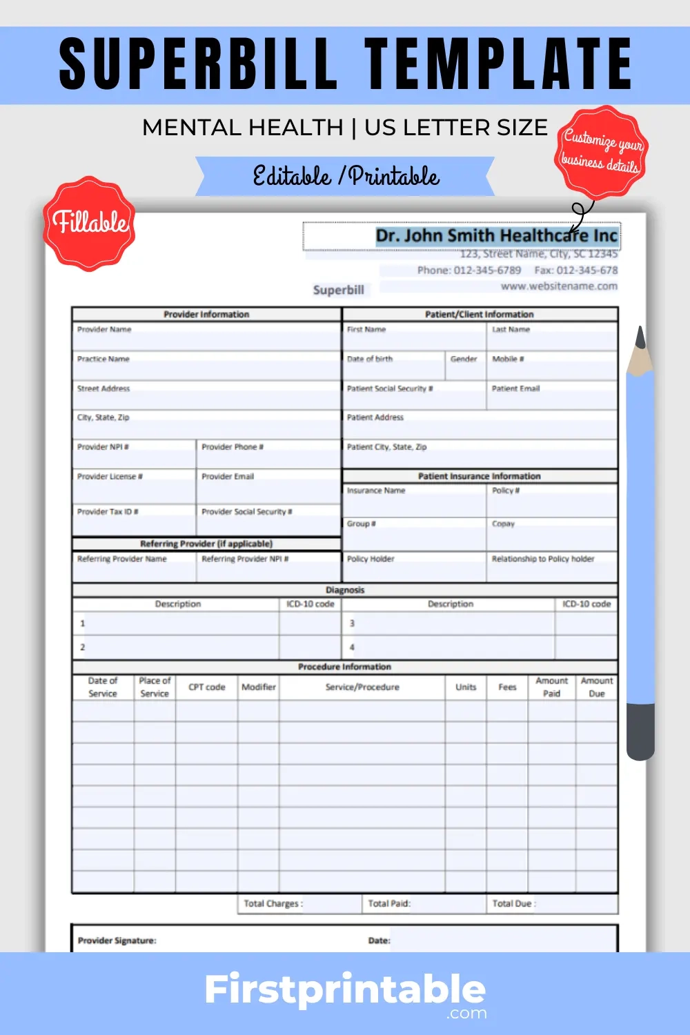 Printable Superbill Template Mental Health Fillable PDF 