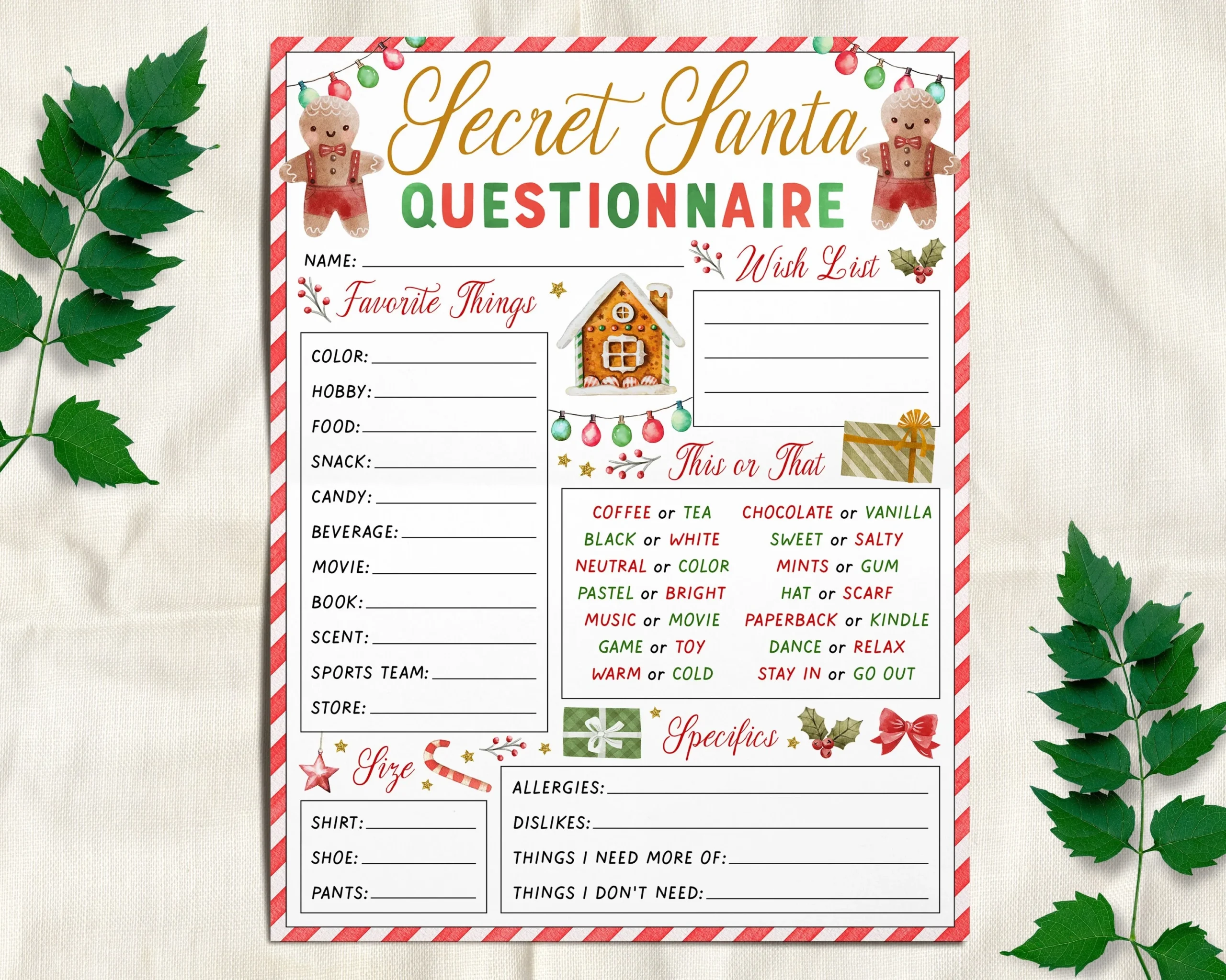 Secret Santa Gift Exchange Questionnaire Editable Template Holiday Gingerbread Cookie Christmas Form Present Swap Wishlist Printable