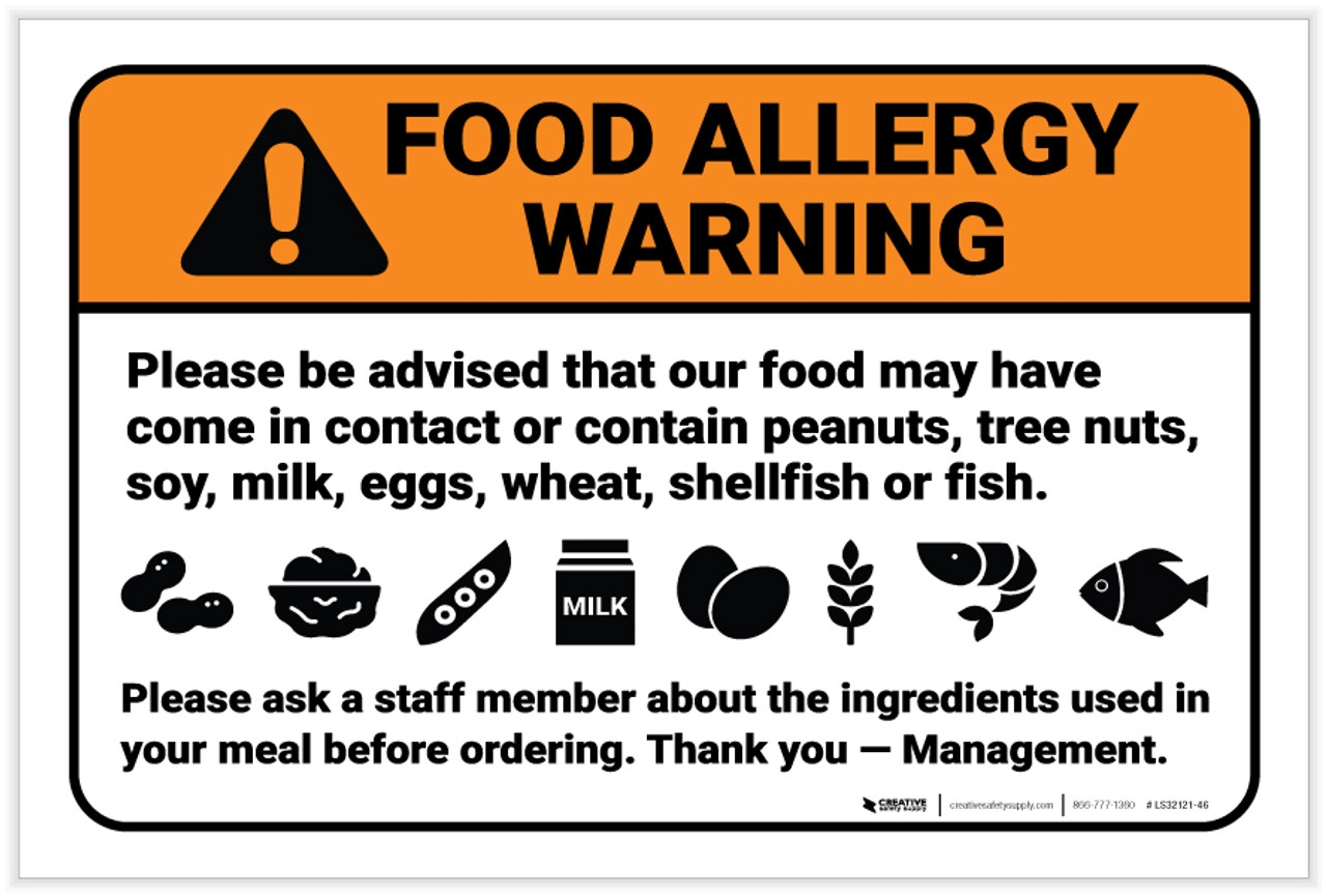 Printable Food Allergy Disclaimer Template